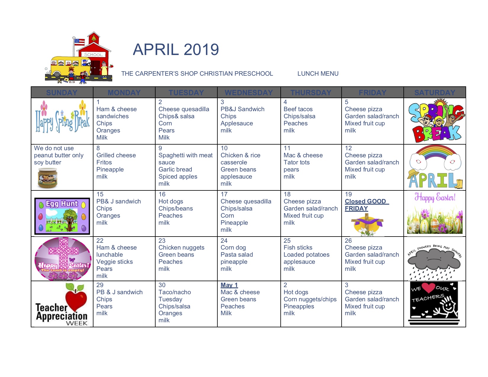 Monthly Menu – The Carpenter's Shop Christian Preschool in Canton, GA