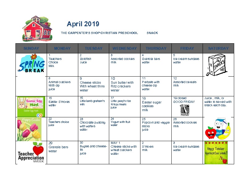 Monthly Menu – The Carpenter's Shop Christian Preschool in Canton, GA