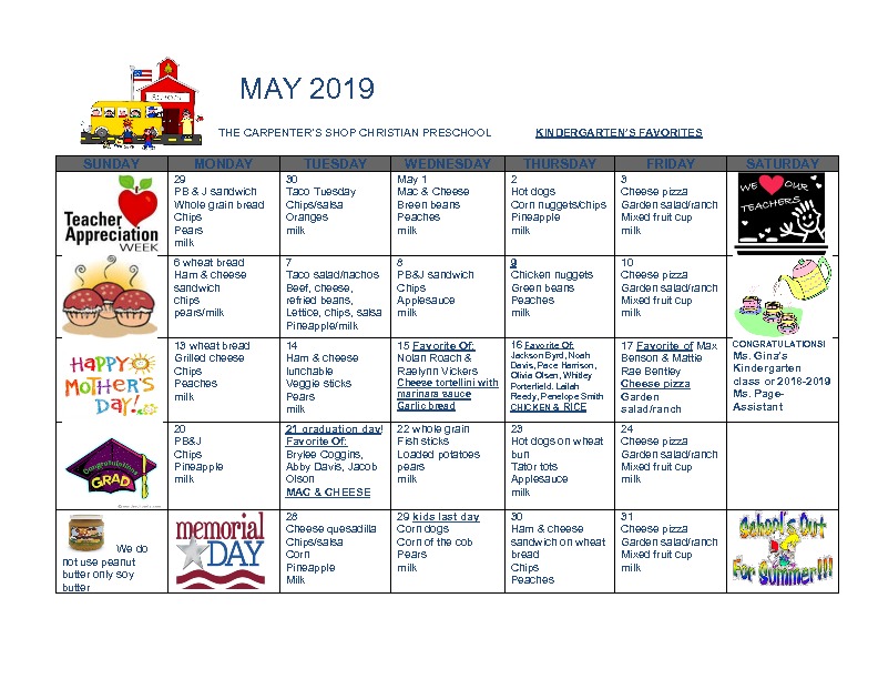 Monthly Menu | The Carpenter's Shop Christian Preschool in Canton, GA