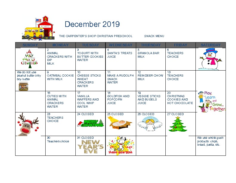 Monthly Menu The Carpenters Shop Christian Preschool In Canton Ga