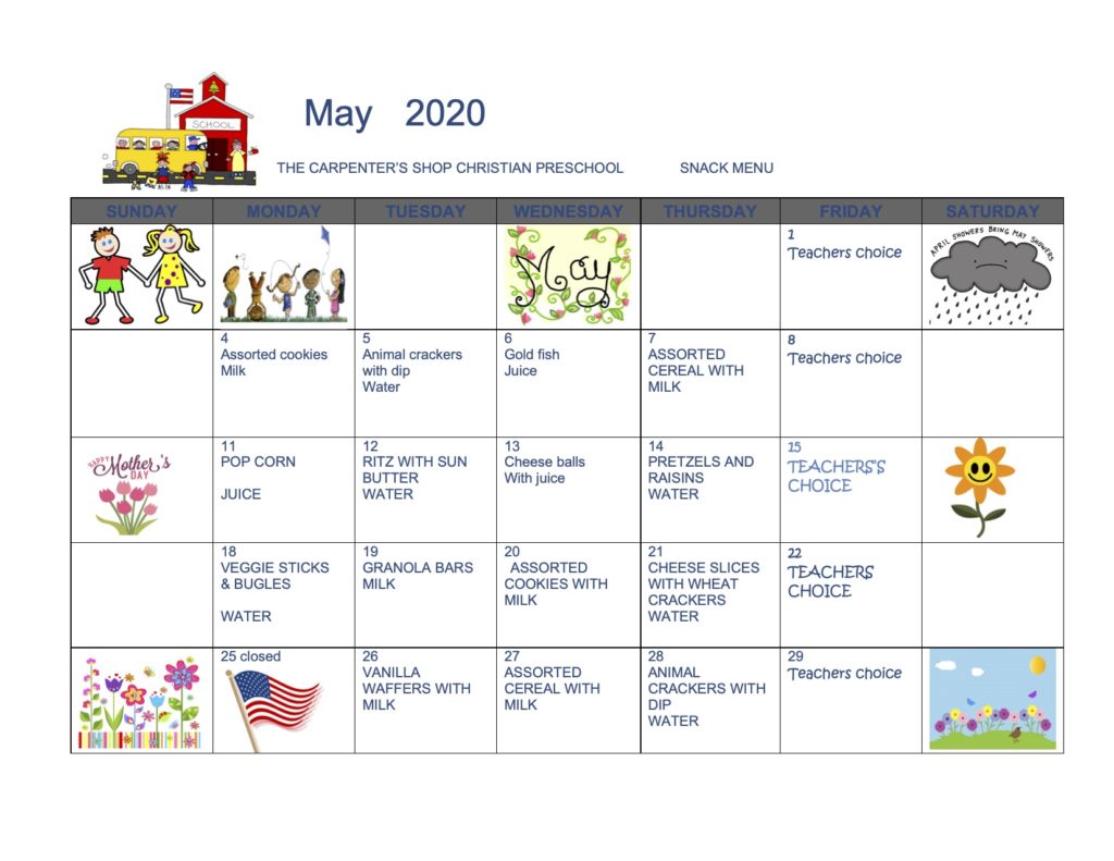 Monthly Menu The Carpenters Shop Christian Preschool In Canton Ga